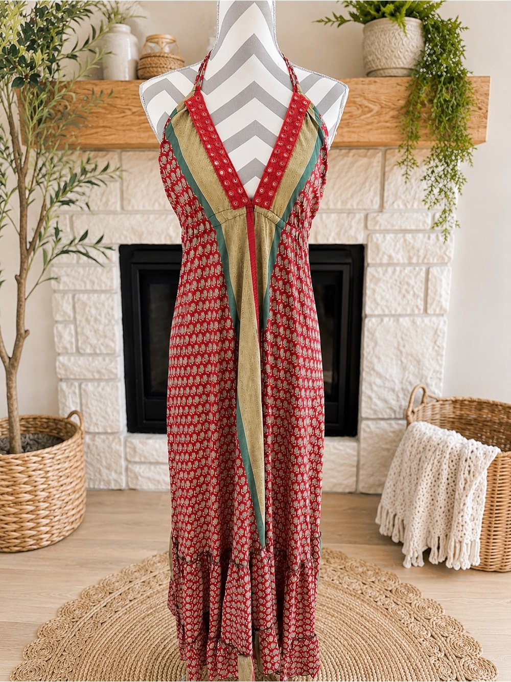 🆕NWT Silk Boho Plunged  V Neck Open Back  Silky Maxi Dress S One of a kind!